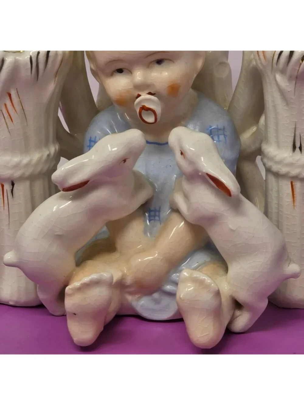 Vintage Made In Japan Baby‎ With Rabbits Ceramic Flower Vase Planter Figurine